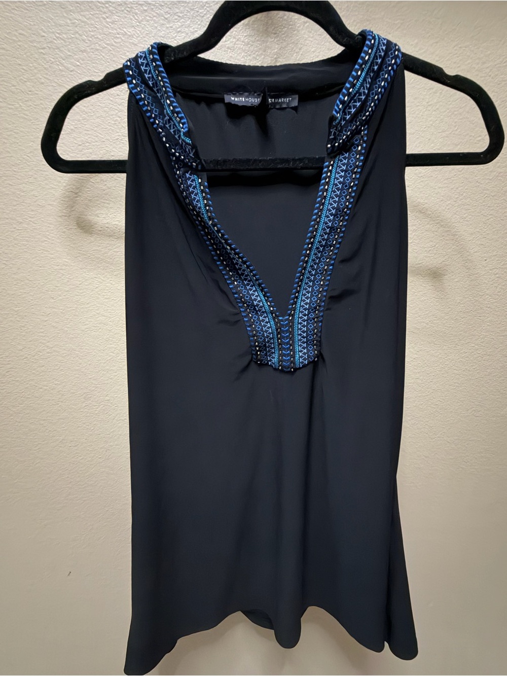 White House Black Market Black Sleeveless Top with Blue Trimmed V-Neck